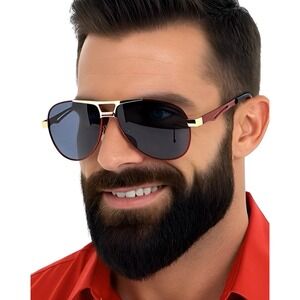 Mens Aviator Sunglasses Red Gold Frame Dark‎ Lens Metal Full Rim Polarized Gafas